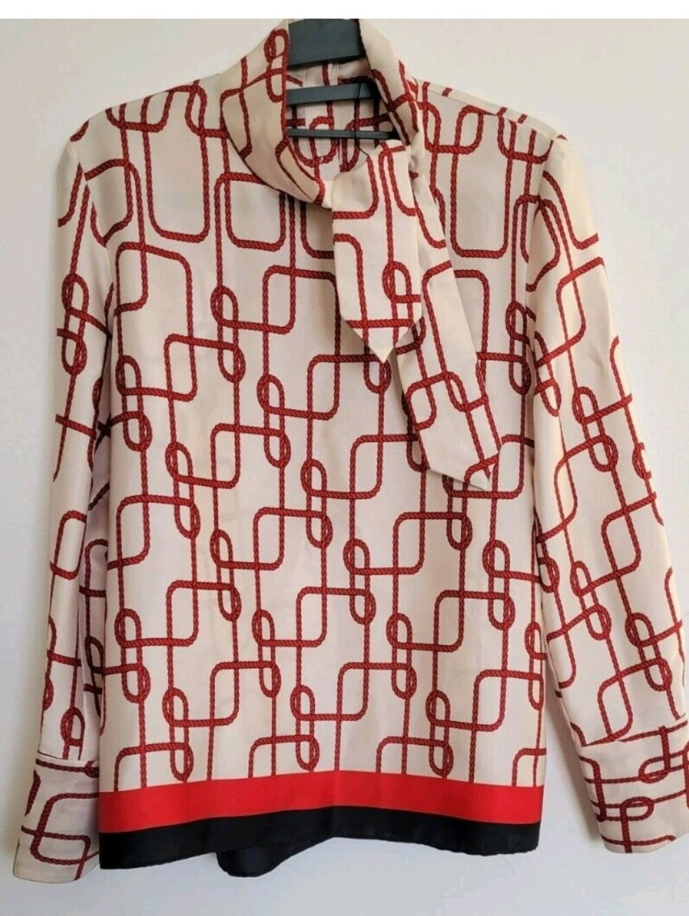 Zara Printed Nautical Red Rope Scarf-Tie Blouse Top Sz XS